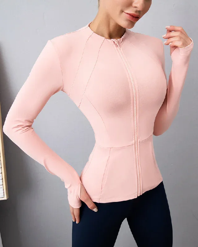 Round Neck Workout Long Sleeve Zipper Tight-Fitting Slimming Sports Jacket Coat Yoga Solid Color S-XL