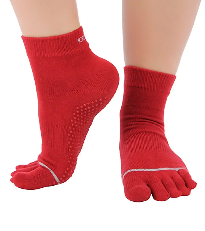 Toesox Ankle Length Full-Toe Yoga Grip Socks Red